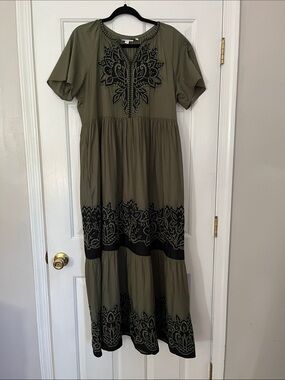 Chico's Olive Maxi Dress with Black Floral Embroidery